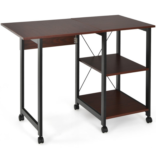 Rolling Folding Computer Desk with Storage Shelves - Image 3