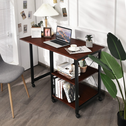 Rolling Folding Computer Desk with Storage Shelves - Image 5