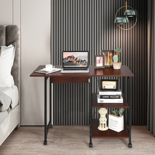 Rolling Folding Computer Desk with Storage Shelves - Image 6