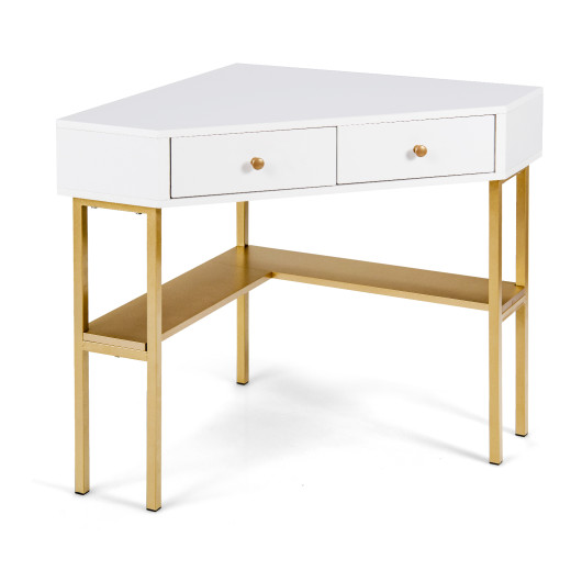 Space Saving Corner Computer Desk with 2 Large Drawers and Storage Shelf-Golden - Image 6