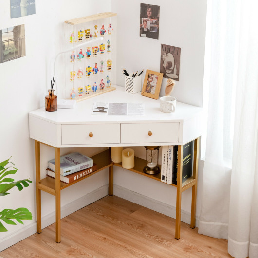 Space Saving Corner Computer Desk with 2 Large Drawers and Storage Shelf-Golden - Image 5