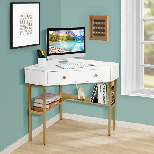 Space Saving Corner Computer Desk with 2 Large Drawers and Storage Shelf-Golden - Image 4