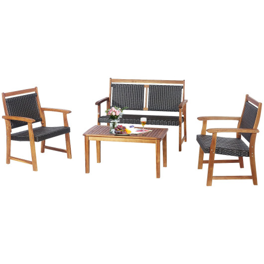4 Pieces Outdoor Patio Rattan Furniture Sofa Set with Acacia Wood Frame - Image 2