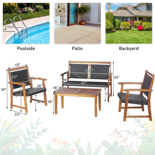 4 Pieces Outdoor Patio Rattan Furniture Sofa Set with Acacia Wood Frame - Image 6