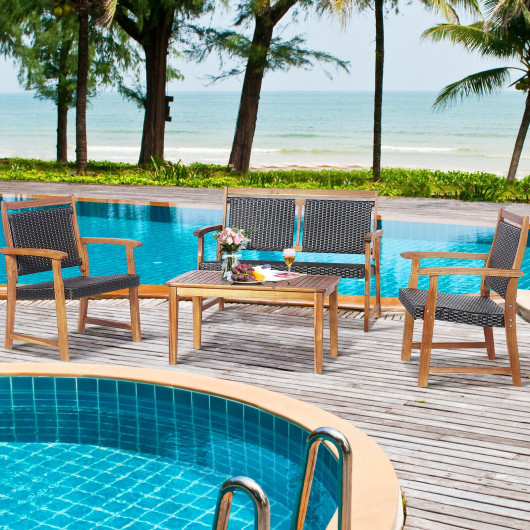 4 Pieces Outdoor Patio Rattan Furniture Sofa Set with Acacia Wood Frame - Image 3