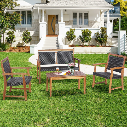 4 Pieces Outdoor Patio Rattan Furniture Sofa Set with Acacia Wood Frame - Image 4