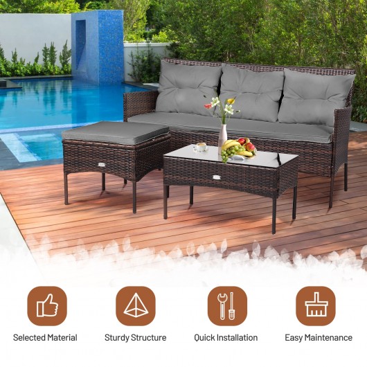 3 Pieces Patio Furniture Sectional Set with 5 Cozy Seat and Back Cushions-Gray - Image 3