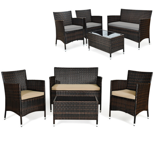 4 Pieces Comfortable Outdoor Rattan Sofa Set with Glass Coffee Table-Beige & Gray - Image 5