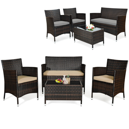 4 Pieces Comfortable Outdoor Rattan Sofa Set with Glass Coffee Table-Beige & Gray - Image 3