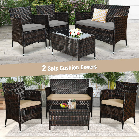 4 Pieces Comfortable Outdoor Rattan Sofa Set with Glass Coffee Table-Beige & Gray - Image 4