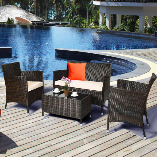 4 Pieces Comfortable Outdoor Rattan Sofa Set with Glass Coffee Table-Beige & Gray - Image 6