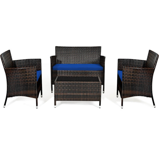 4 Pieces Rattan Sofa Set with Glass Table and Comfortable Wicker for Outdoor Patio-Navy