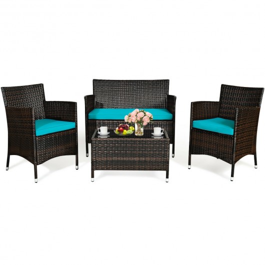 4 Pieces Comfortable Outdoor Rattan Sofa Set with Glass Coffee Table-Turquoise