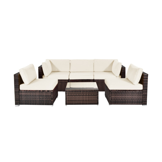 6 Pieces Patio Rattan Furniture Set with Cushions and Glass Coffee Table-White - Image 2