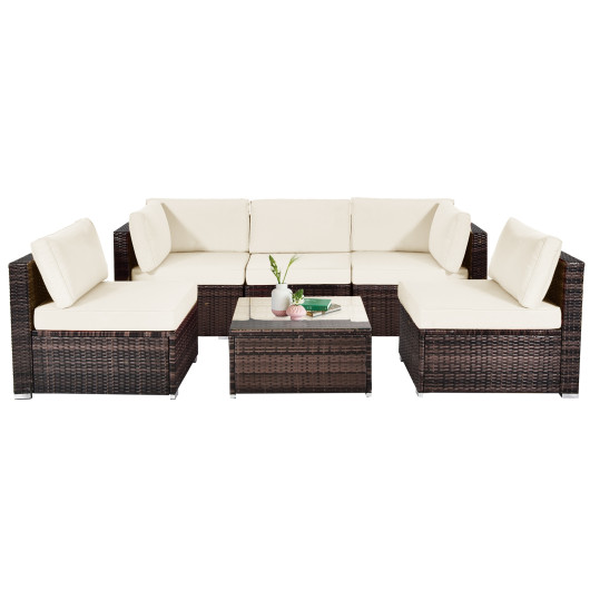 6 Pieces Patio Rattan Furniture Set with Cushions and Glass Coffee Table-White - Image 3