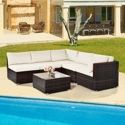 6 Pieces Patio Rattan Furniture Set with Cushions and Glass Coffee Table-White - Image 4