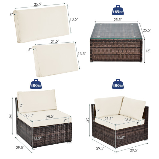 6 Pieces Patio Rattan Furniture Set with Cushions and Glass Coffee Table-White - Image 5