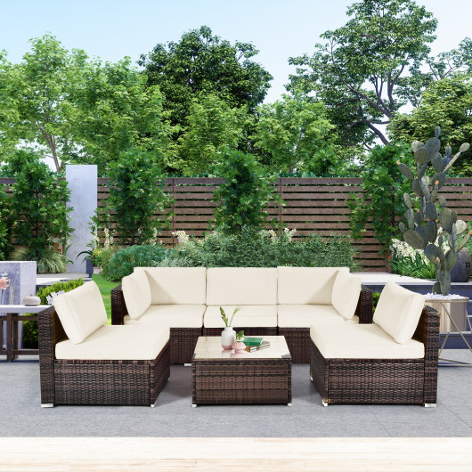6 Pieces Patio Rattan Furniture Set with Cushions and Glass Coffee Table-White - Image 6