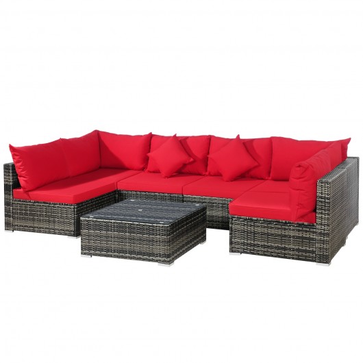 7 Pieces Patio Rattan Furniture Set Sectional Sofa Garden Cushion-Red - Image 4
