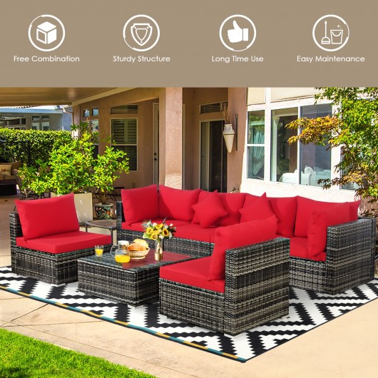 7 Pieces Patio Rattan Furniture Set Sectional Sofa Garden Cushion-Red - Image 3