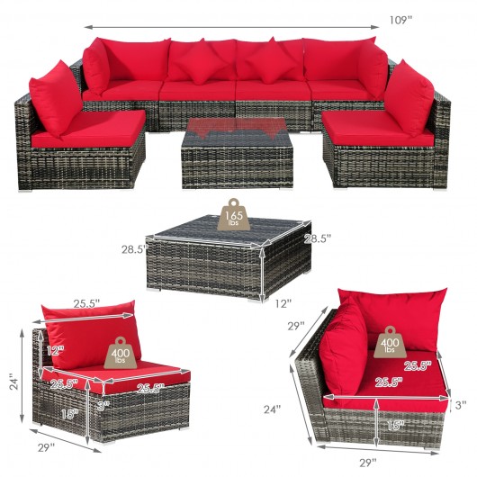 7 Pieces Patio Rattan Furniture Set Sectional Sofa Garden Cushion-Red - Image 5