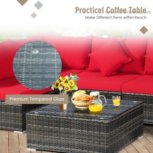 7 Pieces Patio Rattan Furniture Set Sectional Sofa Garden Cushion-Red - Image 6