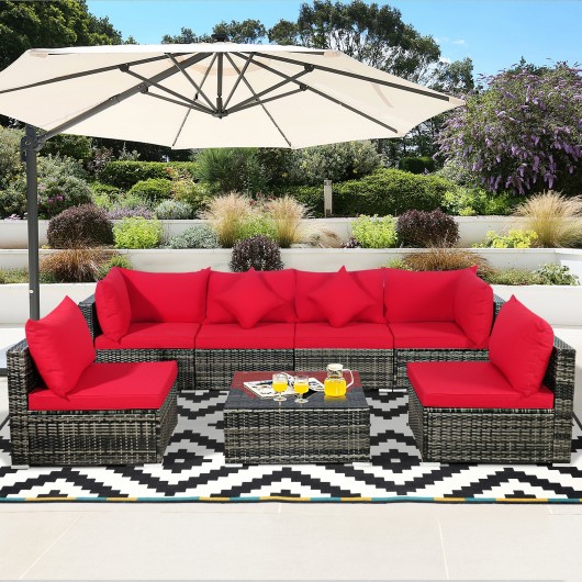 7 Pieces Patio Rattan Furniture Set Sectional Sofa Garden Cushion-Red - Image 2
