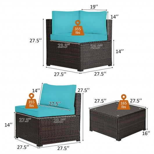 6 Pieces Patio Furniture Sofa Set with Cushions for Outdoor-Turquoise - Image 5