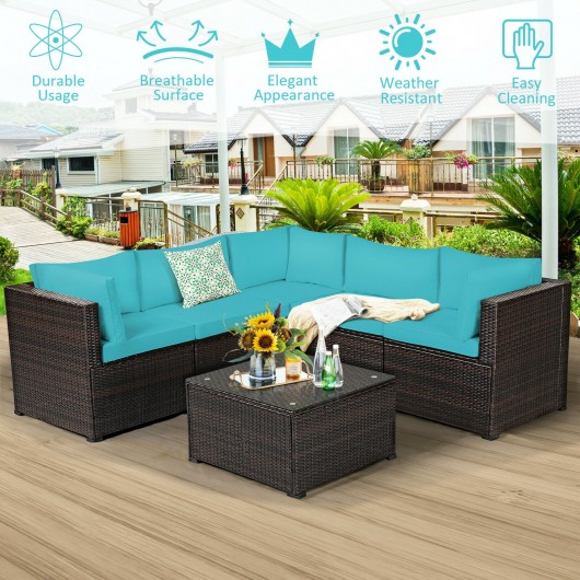 6 Pieces Patio Furniture Sofa Set with Cushions for Outdoor-Turquoise - Image 4