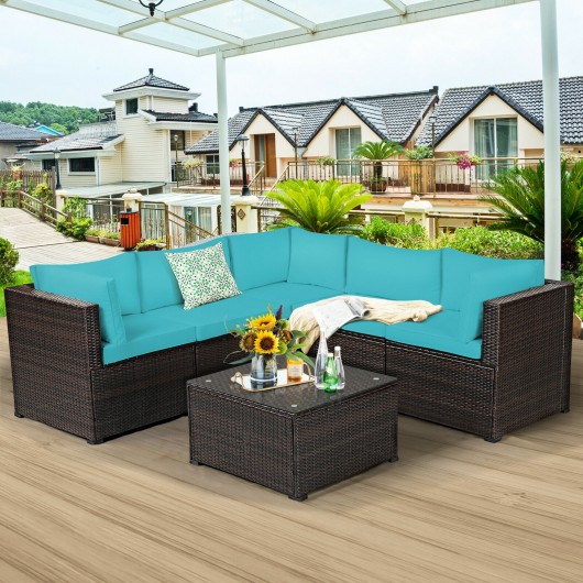 6 Pieces Patio Furniture Sofa Set with Cushions for Outdoor-Turquoise - Image 2