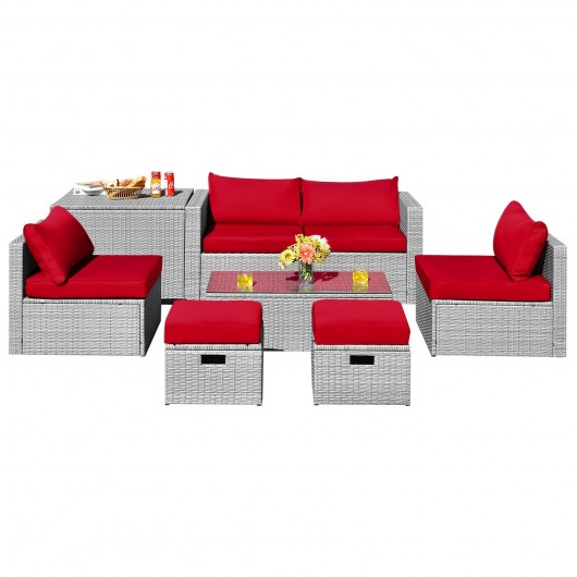 8 Pieces Patio Rattan Furniture Set with Storage Waterproof Cover and Cushion-Red - Image 2