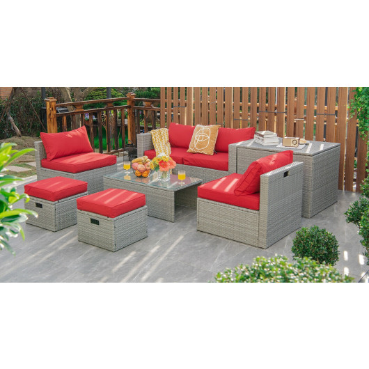 8 Pieces Patio Rattan Furniture Set with Storage Waterproof Cover and Cushion-Red - Image 4