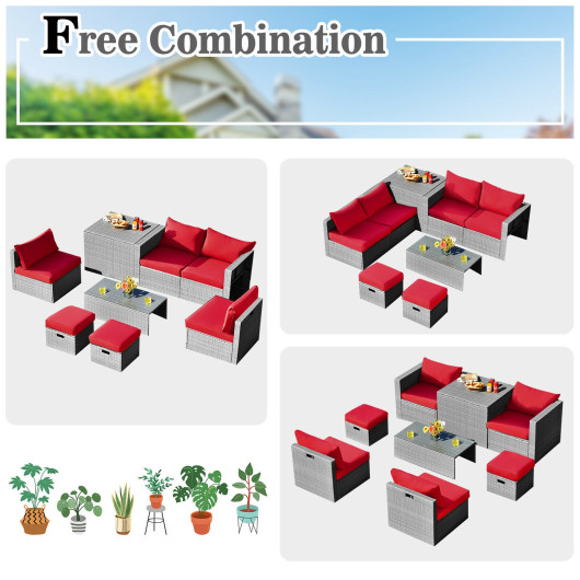 8 Pieces Patio Rattan Furniture Set with Storage Waterproof Cover and Cushion-Red - Image 6
