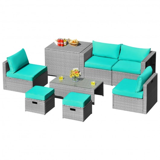 8 Pieces Patio Rattan Furniture Set with Storage Waterproof Cover and Cushion-Turquoise - Image 3