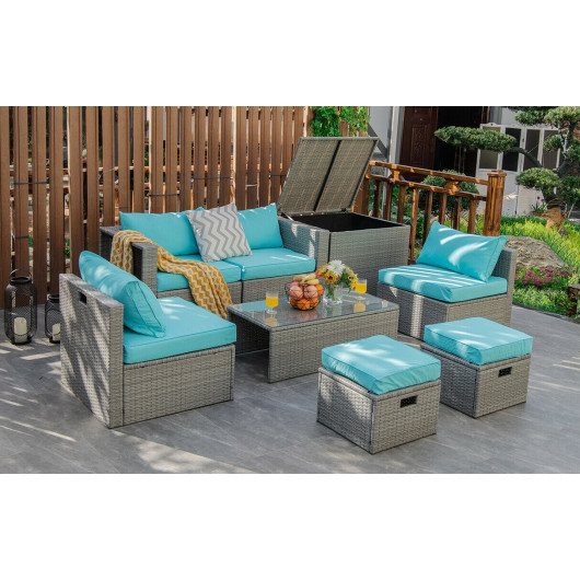 8 Pieces Patio Rattan Furniture Set with Storage Waterproof Cover and Cushion-Turquoise - Image 4