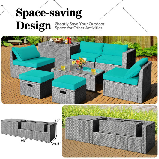 8 Pieces Patio Rattan Furniture Set with Storage Waterproof Cover and Cushion-Turquoise - Image 6