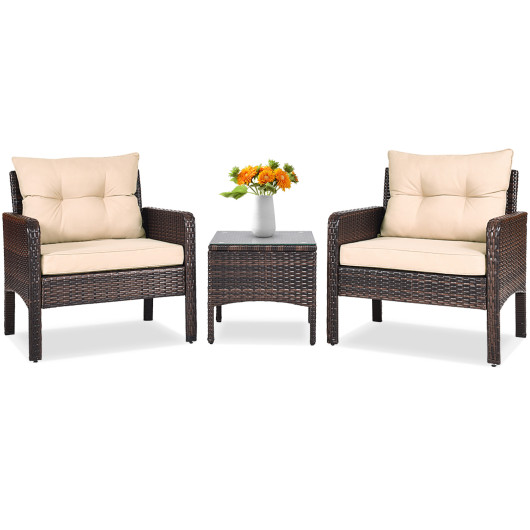 3 Pieces Outdoor Patio Rattan Conversation Set with Seat Cushions-Beige - Image 6
