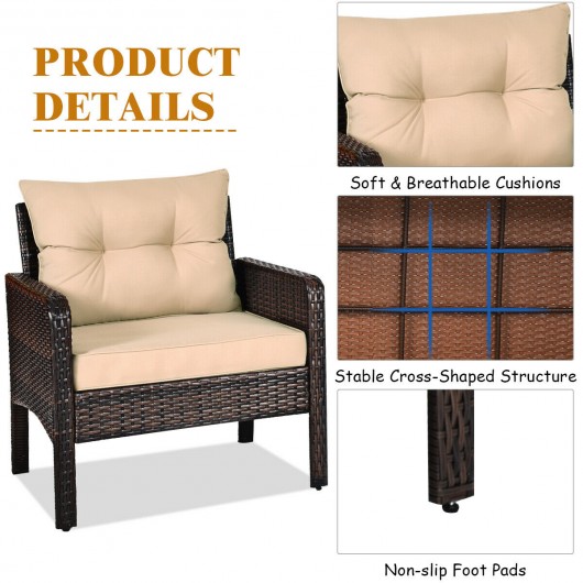 3 Pieces Outdoor Patio Rattan Conversation Set with Seat Cushions-Beige - Image 5