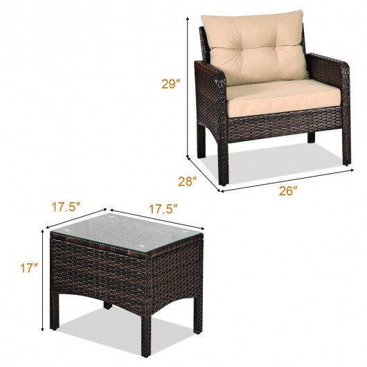 3 Pieces Outdoor Patio Rattan Conversation Set with Seat Cushions-Beige - Image 4