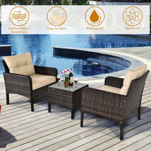 3 Pieces Outdoor Patio Rattan Conversation Set with Seat Cushions-Beige - Image 3