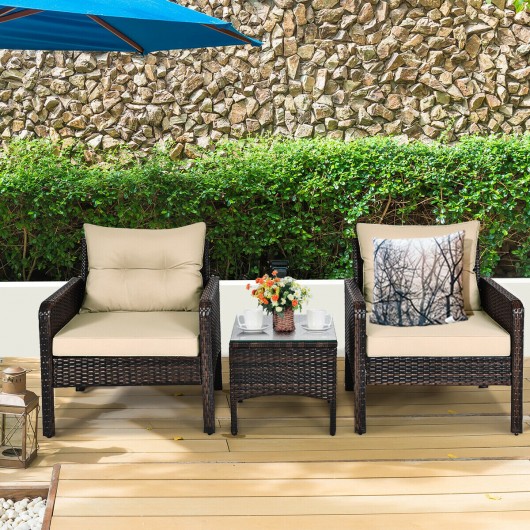 3 Pieces Outdoor Patio Rattan Conversation Set with Seat Cushions-Beige - Image 2