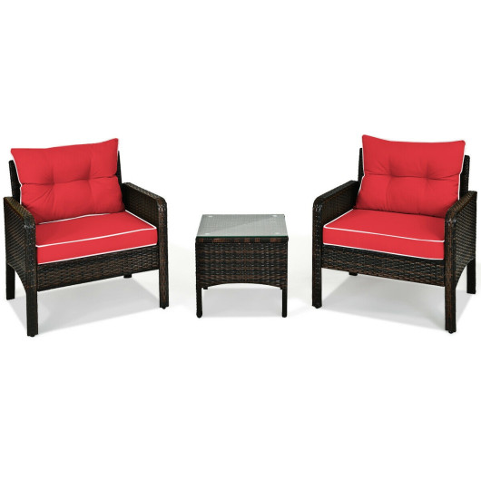 3 Pcs Outdoor Patio Rattan Conversation Set with Seat Cushions-Red - Image 2