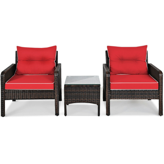 3 Pcs Outdoor Patio Rattan Conversation Set with Seat Cushions-Red - Image 4
