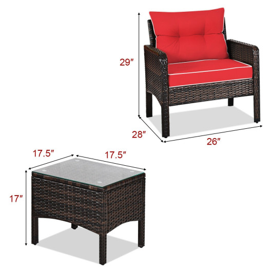 3 Pcs Outdoor Patio Rattan Conversation Set with Seat Cushions-Red - Image 5