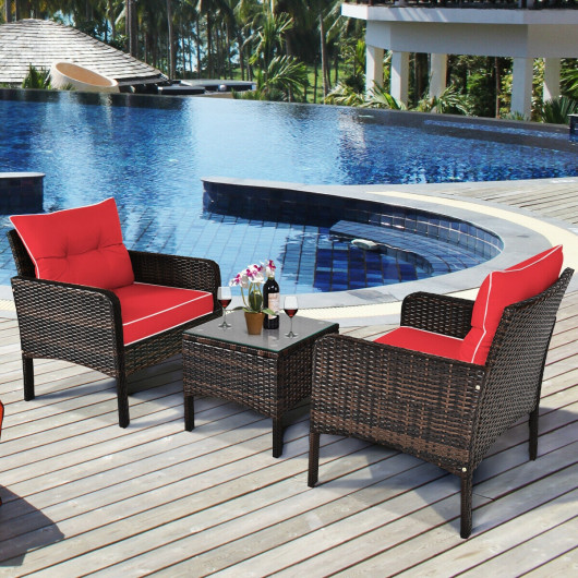 3 Pcs Outdoor Patio Rattan Conversation Set with Seat Cushions-Red - Image 6