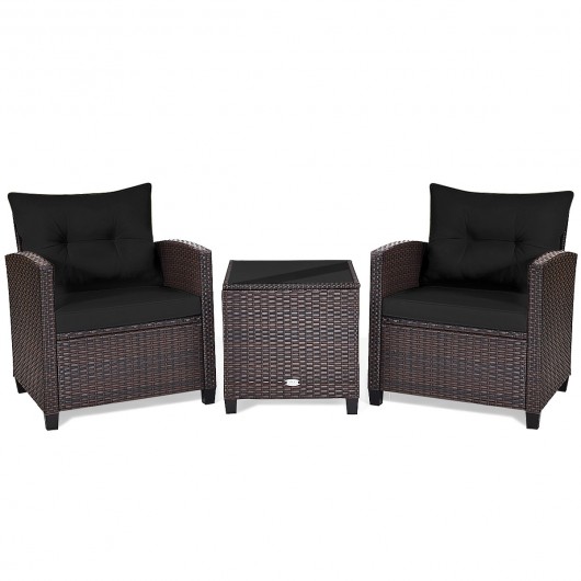 3 Pcs Patio Rattan Furniture Set Cushioned Conversation Set Coffee Table -Black - Image 3