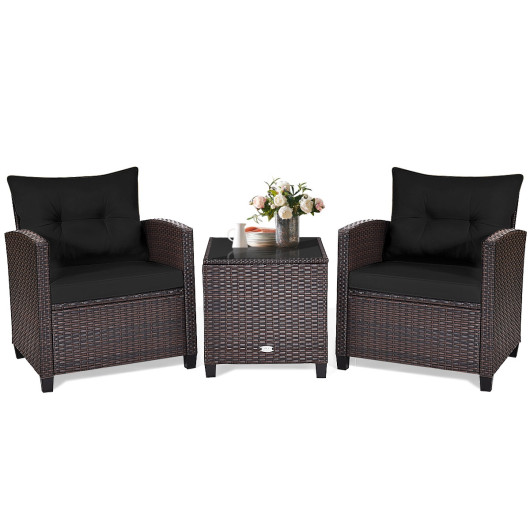 3 Pcs Patio Rattan Furniture Set Cushioned Conversation Set Coffee Table -Black - Image 4