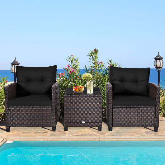 3 Pcs Patio Rattan Furniture Set Cushioned Conversation Set Coffee Table -Black - Image 6