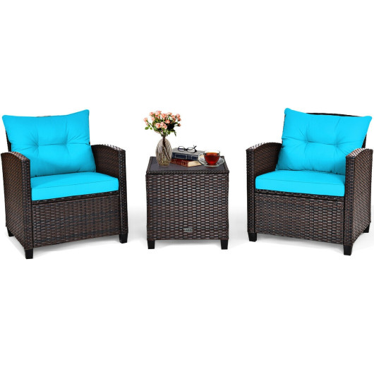 3 Pcs Patio Rattan Furniture Set Cushioned Conversation Set Coffee Table-Turquoise - Image 5