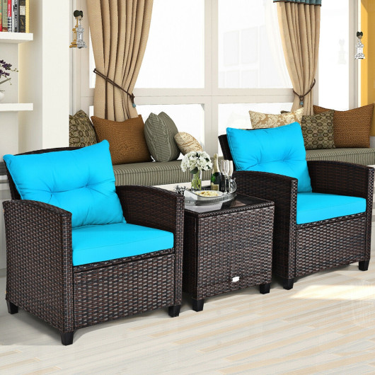 3 Pcs Patio Rattan Furniture Set Cushioned Conversation Set Coffee Table-Turquoise - Image 6
